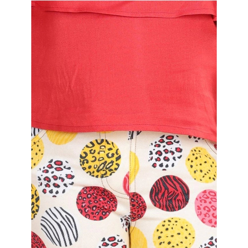 Girl's Cotton Floral Elasticated Jegging And Top Set — Red
