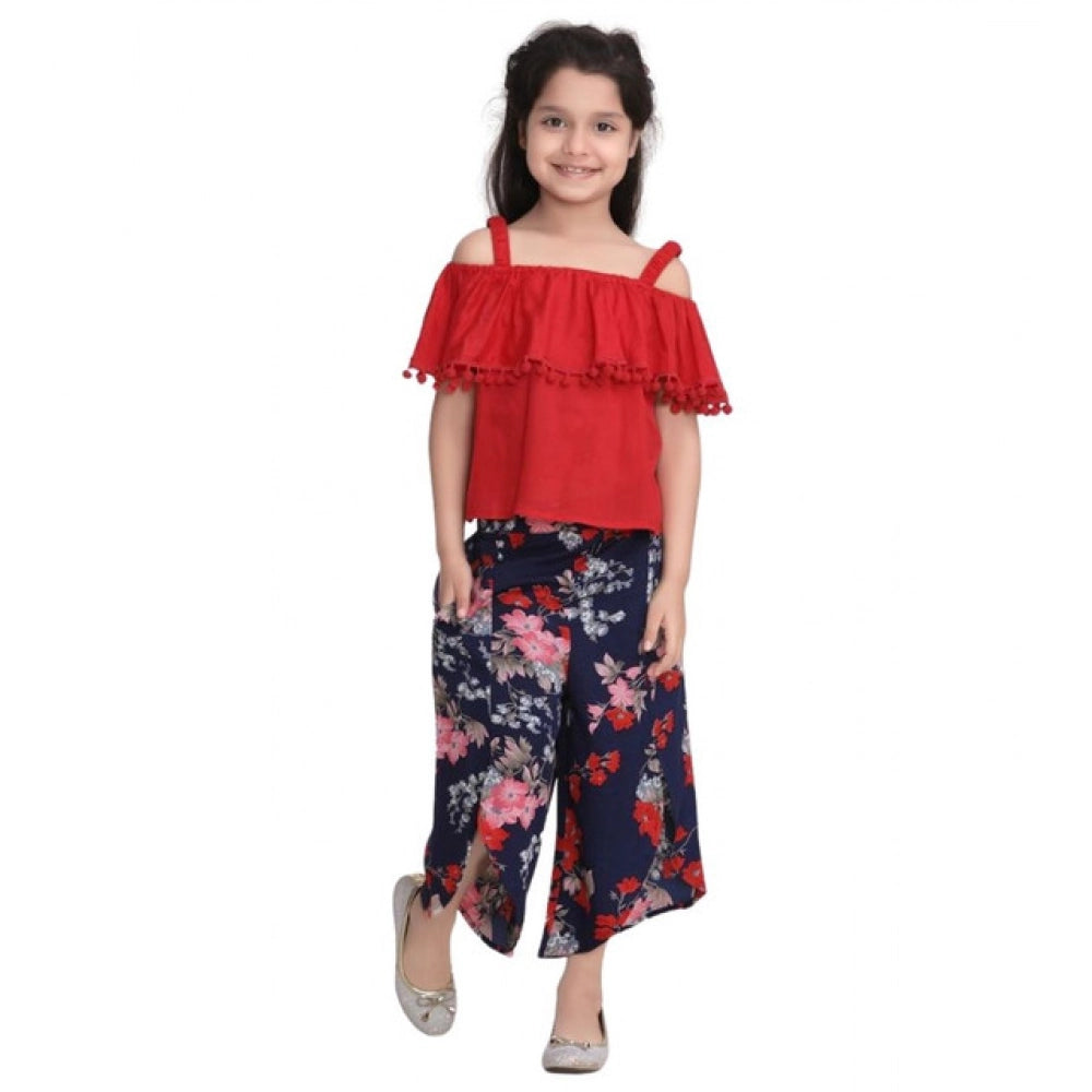 Girl's Rayon Crepe Printed Cold Shoulder Top And Pants — Red-Navy