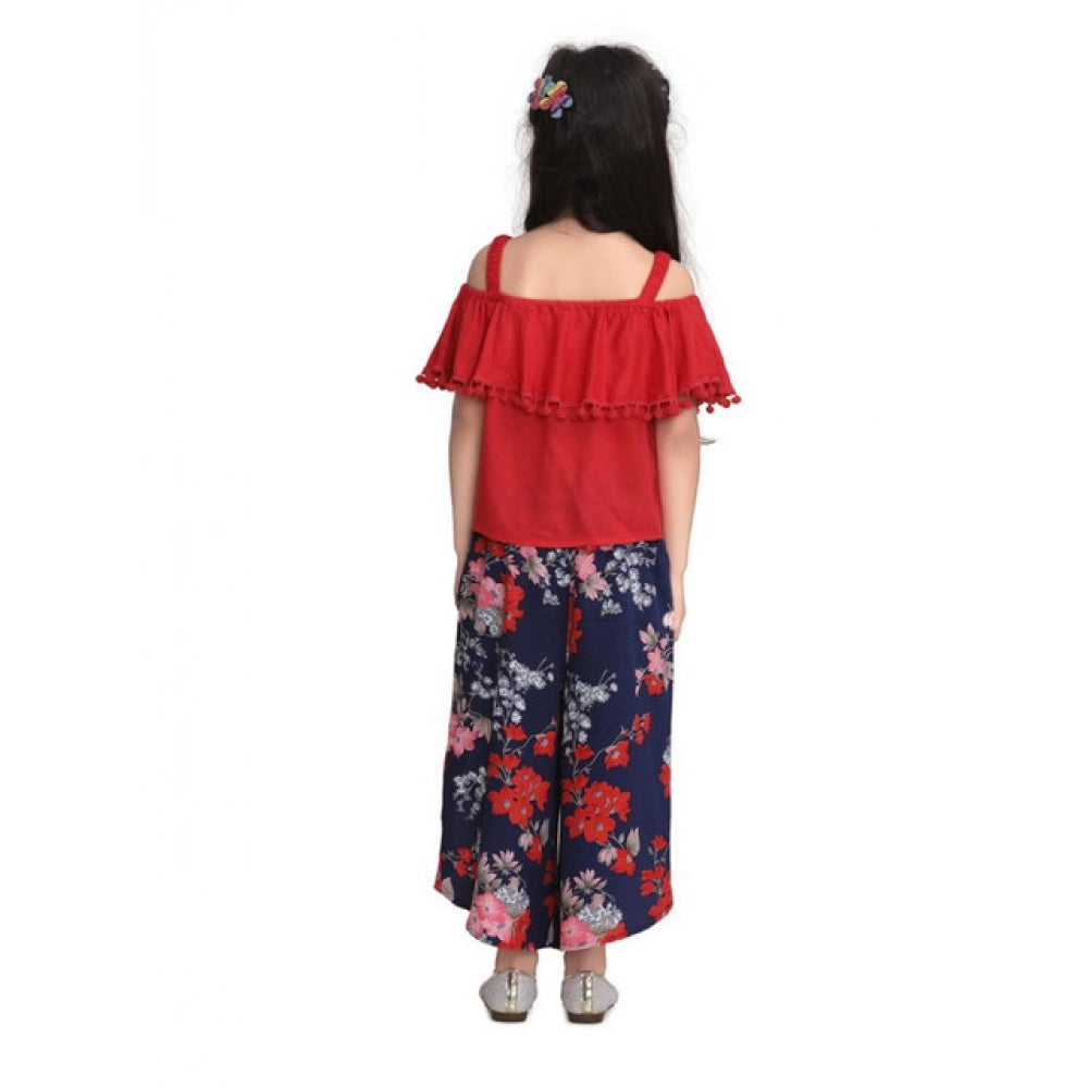 Girl's Rayon Crepe Printed Cold Shoulder Top And Pants — Red-Navy