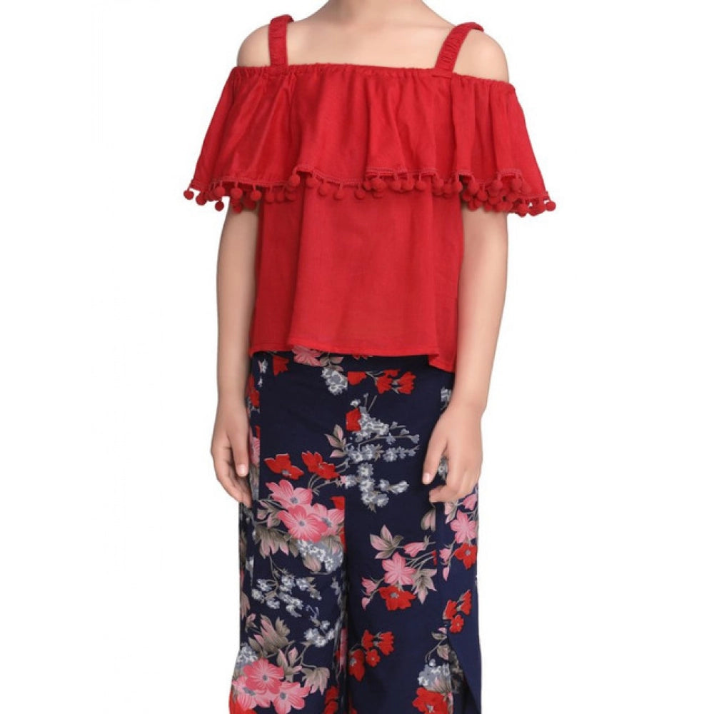 Girl's Rayon Crepe Printed Cold Shoulder Top And Pants — Red-Navy