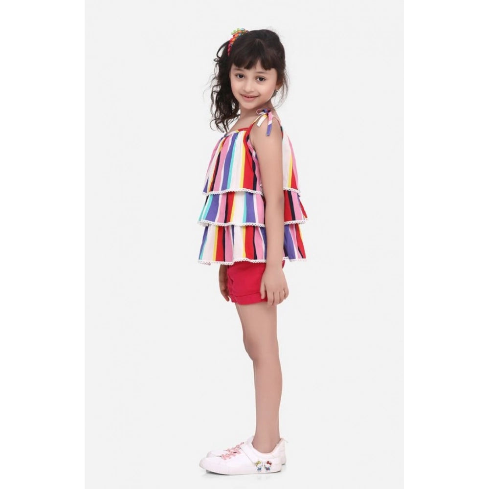 Girl's Crepe Striped Tie Ups Shorts Set