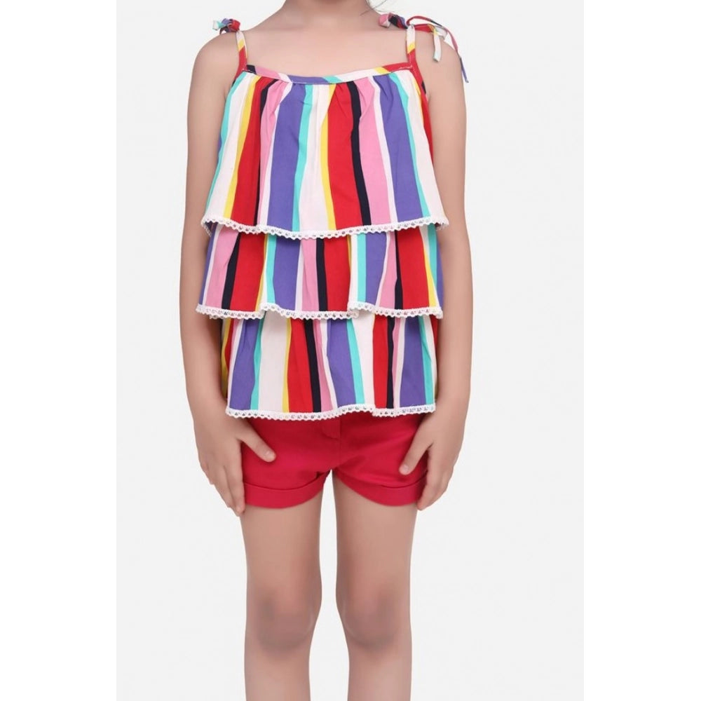 Girl's Crepe Striped Tie Ups Shorts Set