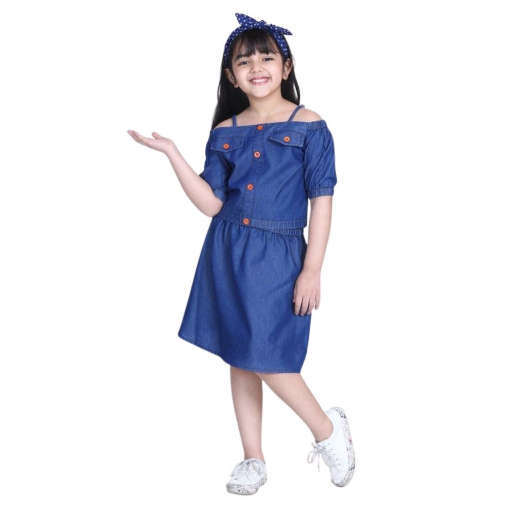 Girl's Denim Solid Cold Shoulder Top And Skirt Set — Navy Blue