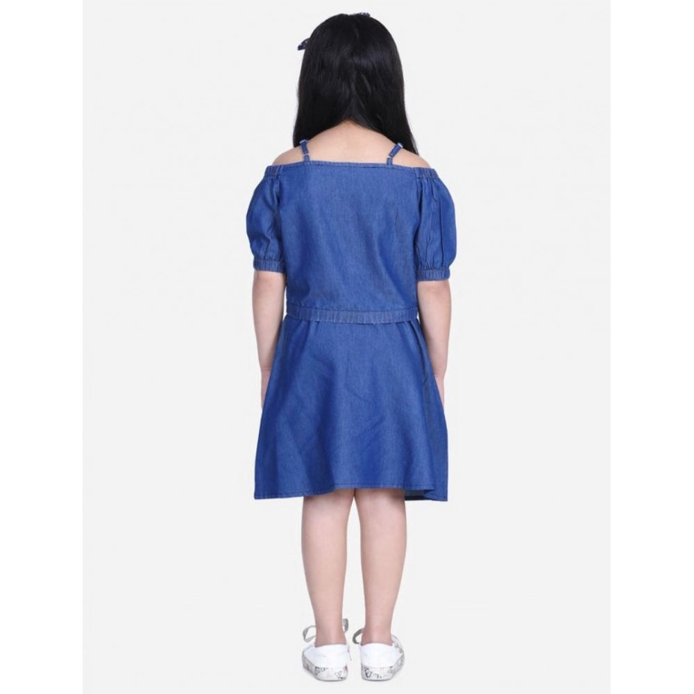 Girl's Denim Solid Cold Shoulder Top And Skirt Set — Navy Blue
