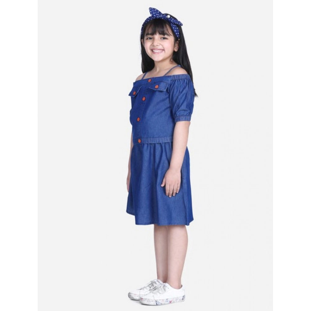 Girl's Denim Solid Cold Shoulder Top And Skirt Set — Navy Blue
