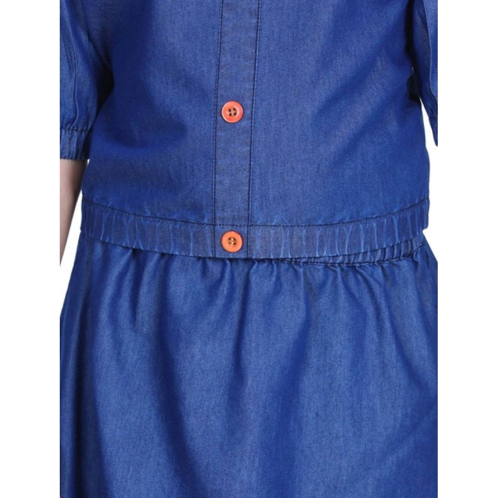 Girl's Denim Solid Cold Shoulder Top And Skirt Set — Navy Blue