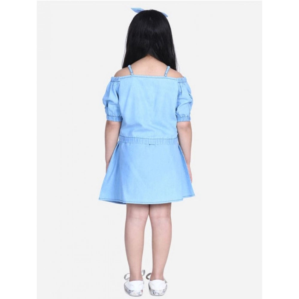 Girl's Denim Solid Cold Shoulder Top And Skirt Set — Light Blue