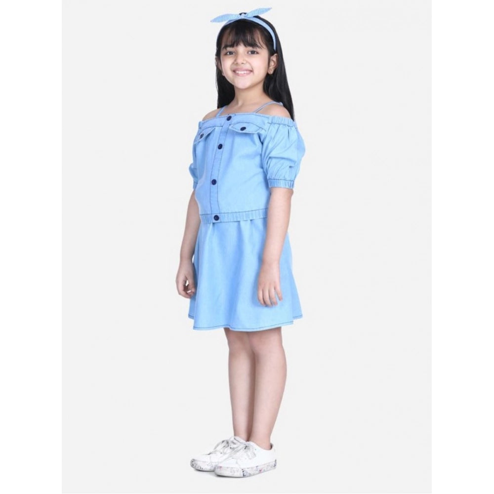 Girl's Denim Solid Cold Shoulder Top And Skirt Set — Light Blue