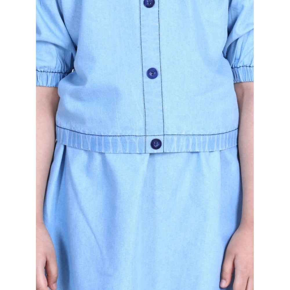 Girl's Denim Solid Cold Shoulder Top And Skirt Set — Light Blue