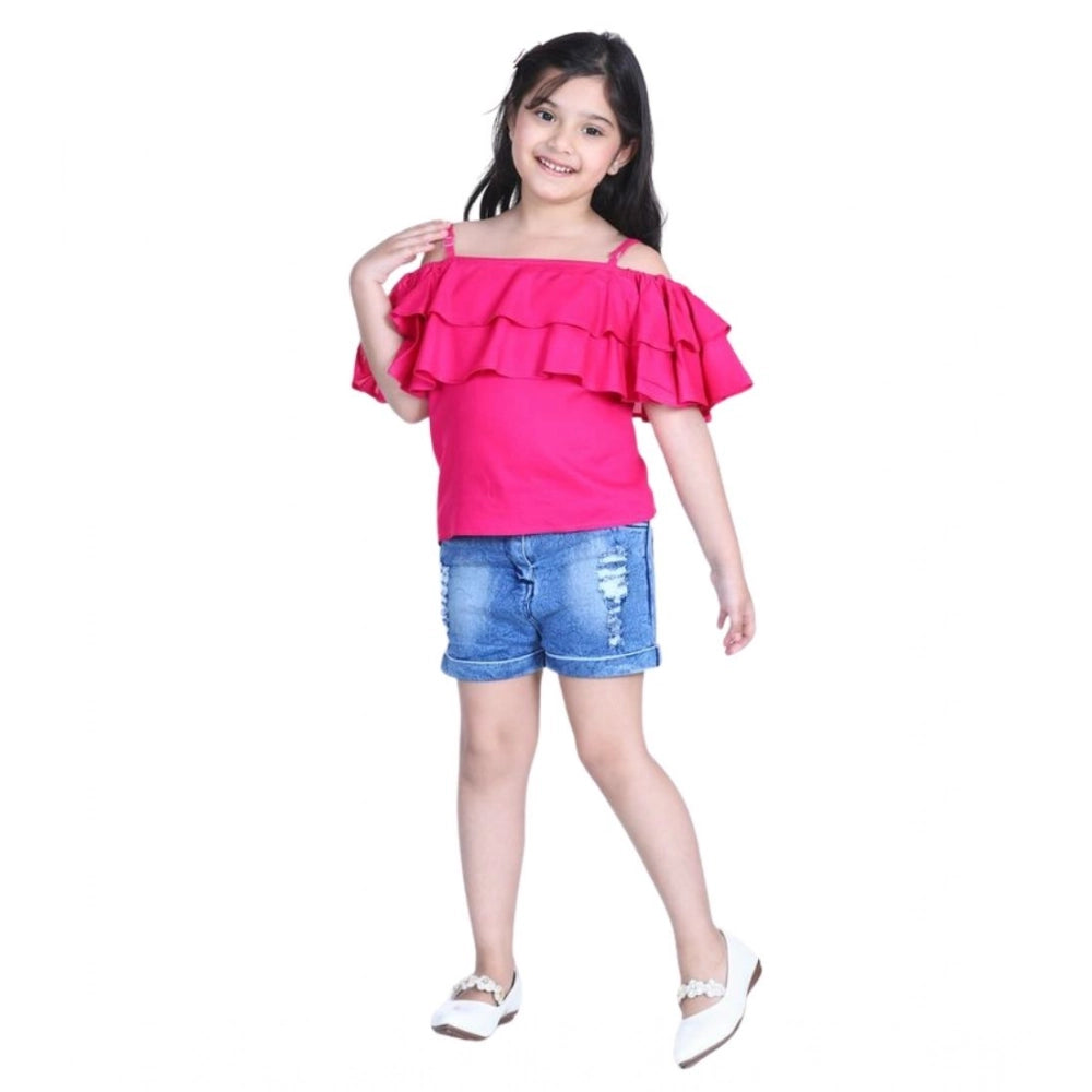 Girl's Rayon Solid Cold Shoulder Top — Pink-Blue