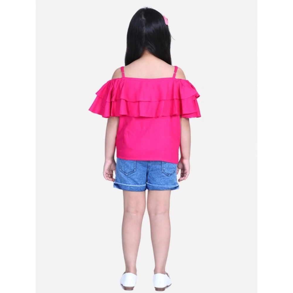 Girl's Rayon Solid Cold Shoulder Top — Pink-Blue