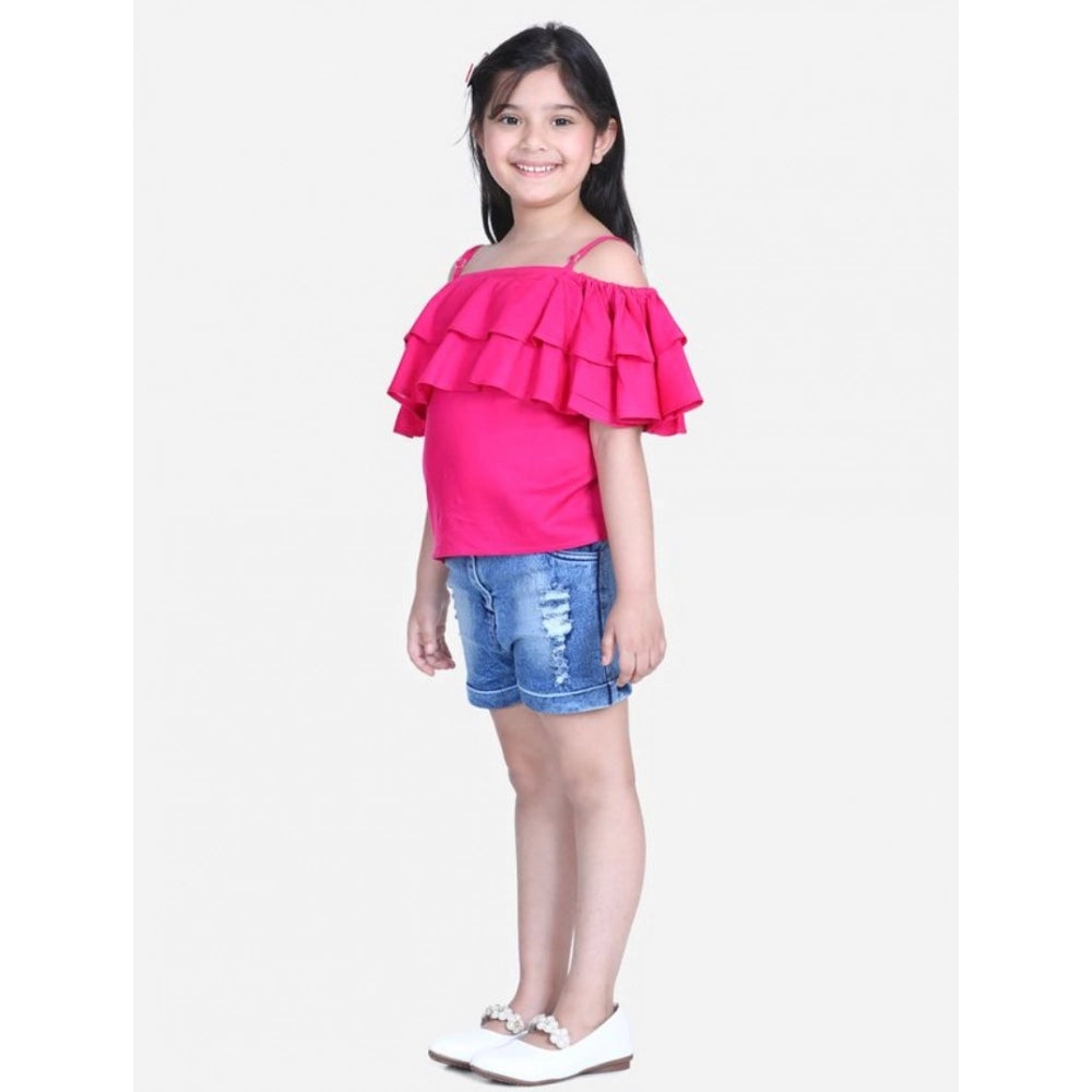 Girl's Rayon Solid Cold Shoulder Top — Pink-Blue