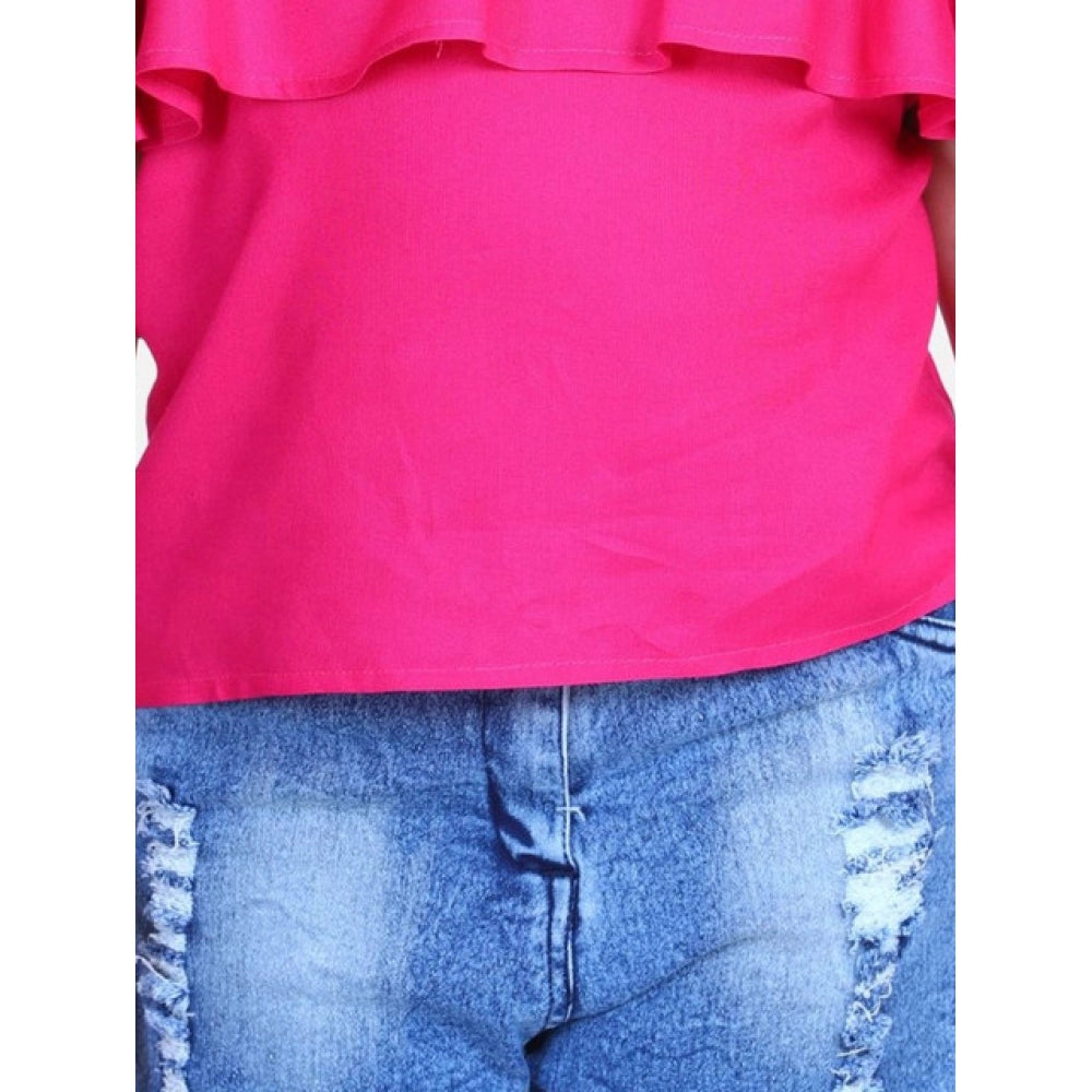 Girl's Rayon Solid Cold Shoulder Top — Pink-Blue