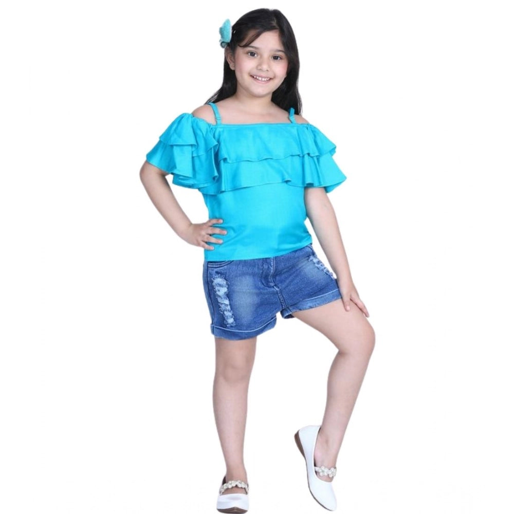 Girl's Rayon Solid Cold Shoulder Top — Blue