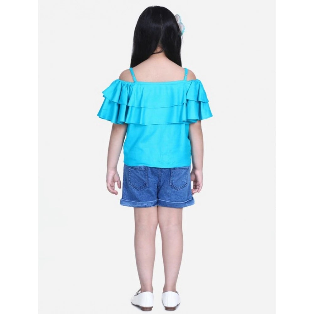 Girl's Rayon Solid Cold Shoulder Top — Blue