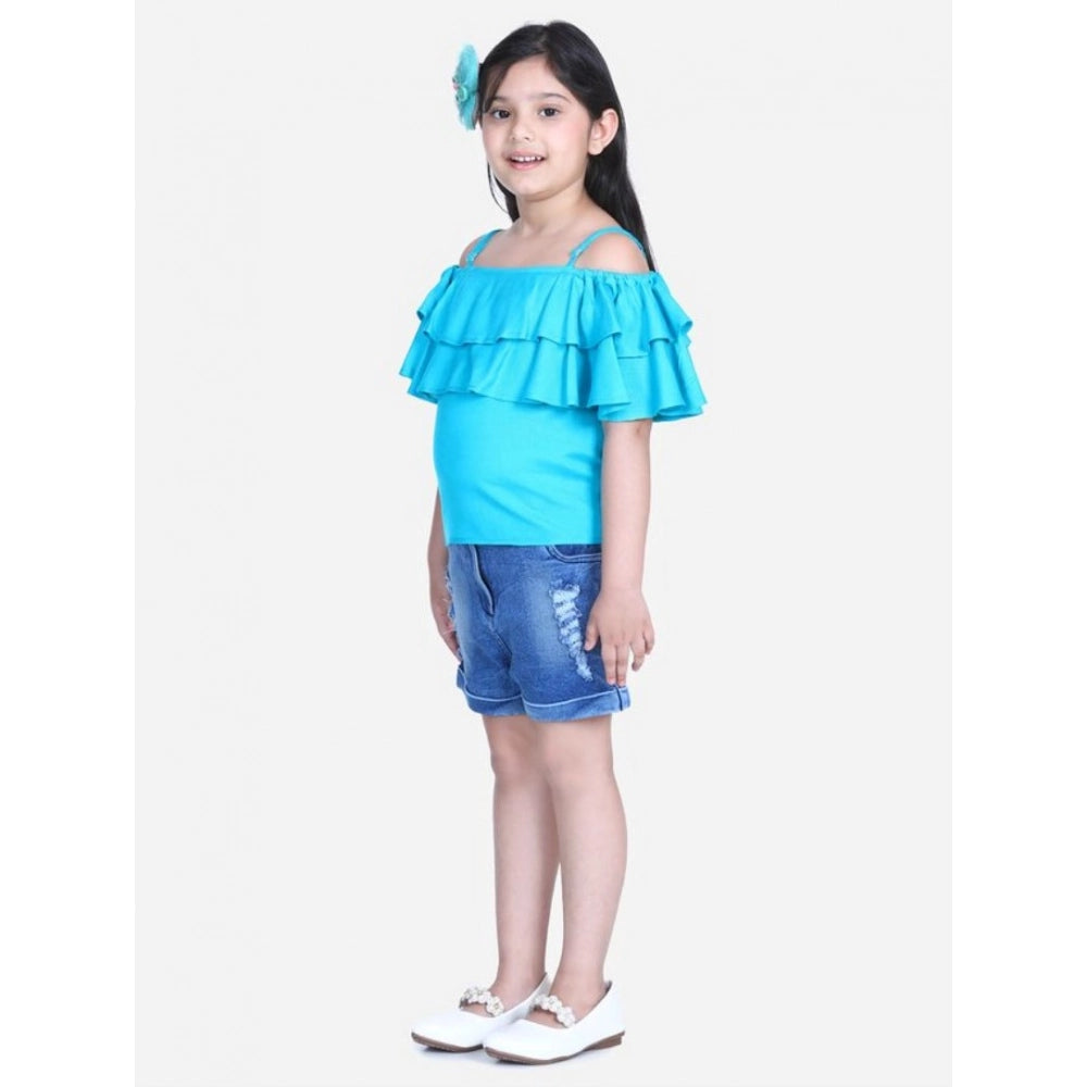 Girl's Rayon Solid Cold Shoulder Top — Blue