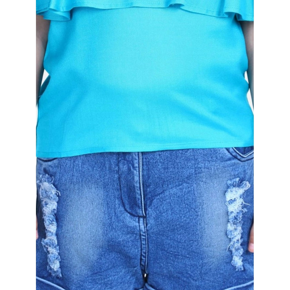 Girl's Rayon Solid Cold Shoulder Top — Blue