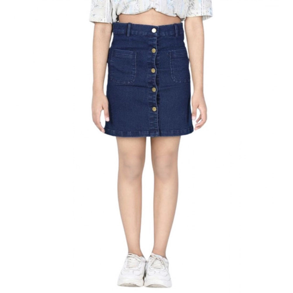 Girl's Denim Solid Buttoned Skirt — Navy Blue