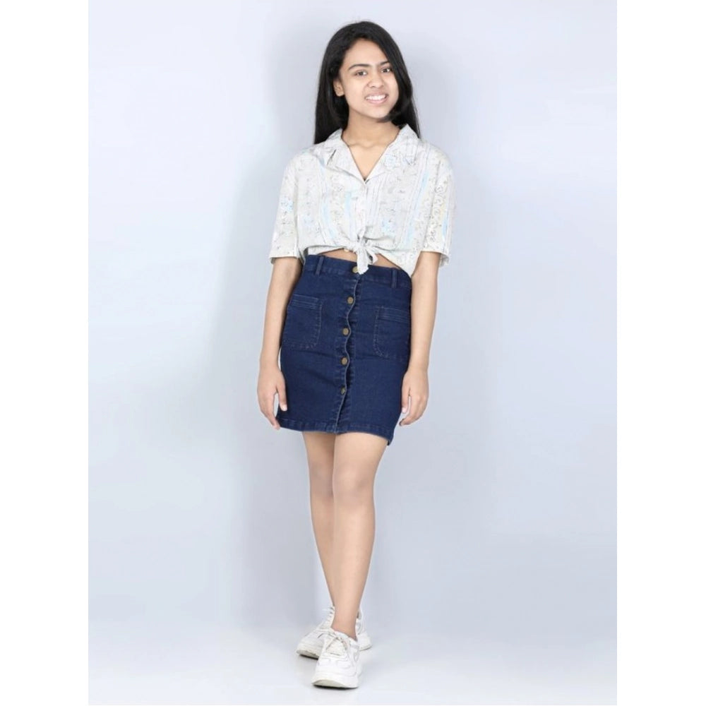 Girl's Denim Solid Buttoned Skirt — Navy Blue