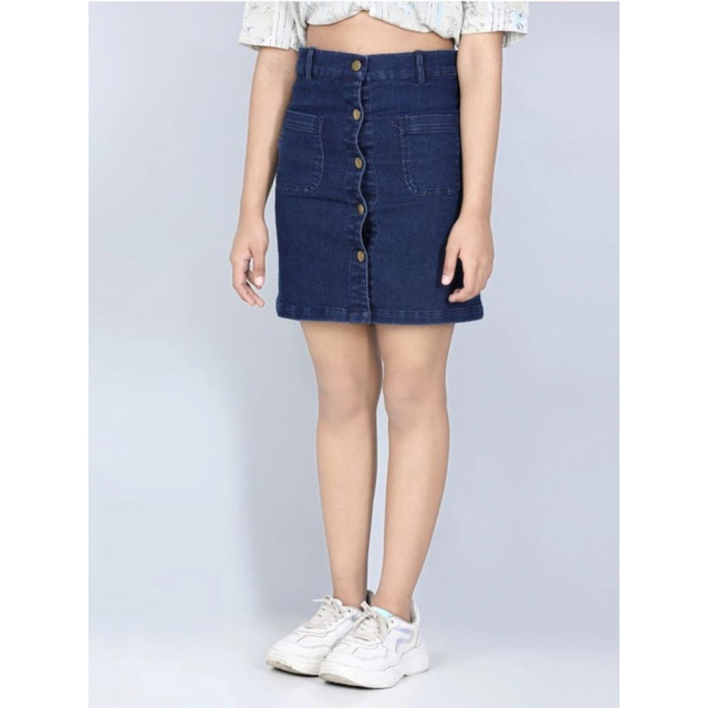 Girl's Denim Solid Buttoned Skirt — Navy Blue