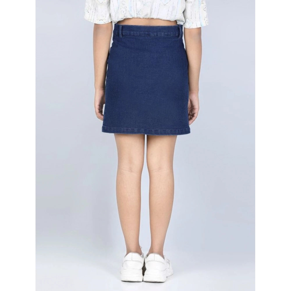 Girl's Denim Solid Buttoned Skirt — Navy Blue