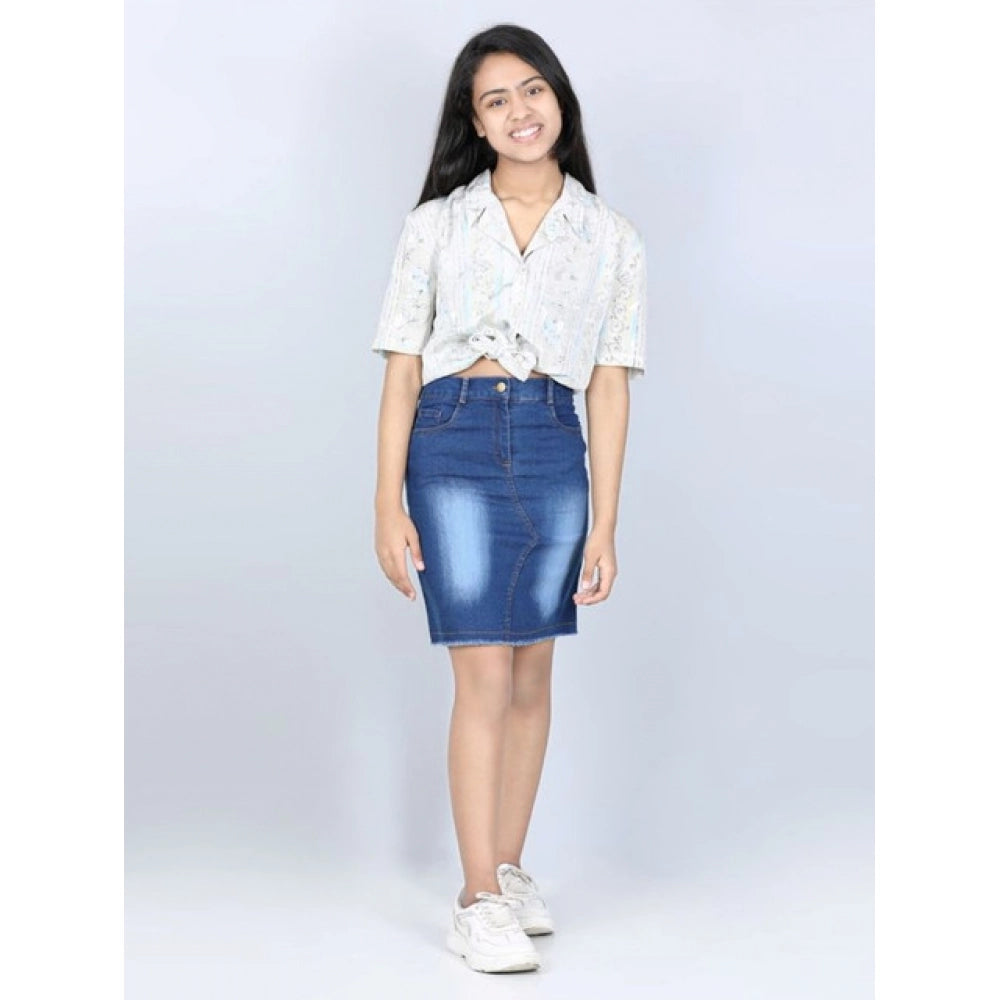Girl's Denim Solid Buttoned Skirt — Blue