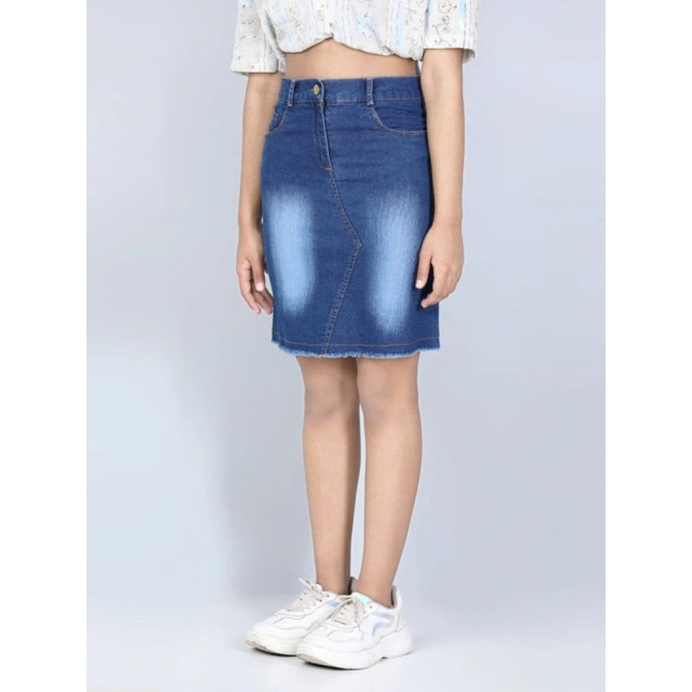 Girl's Denim Solid Buttoned Skirt — Blue