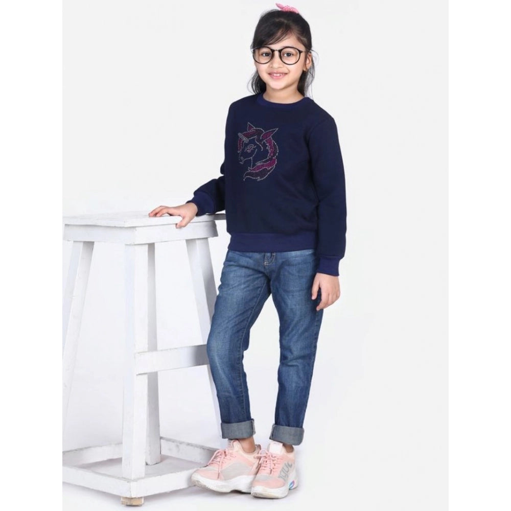 Girl's Fleece Embellished Long Sleeves Sweatshirt — Navy Blue