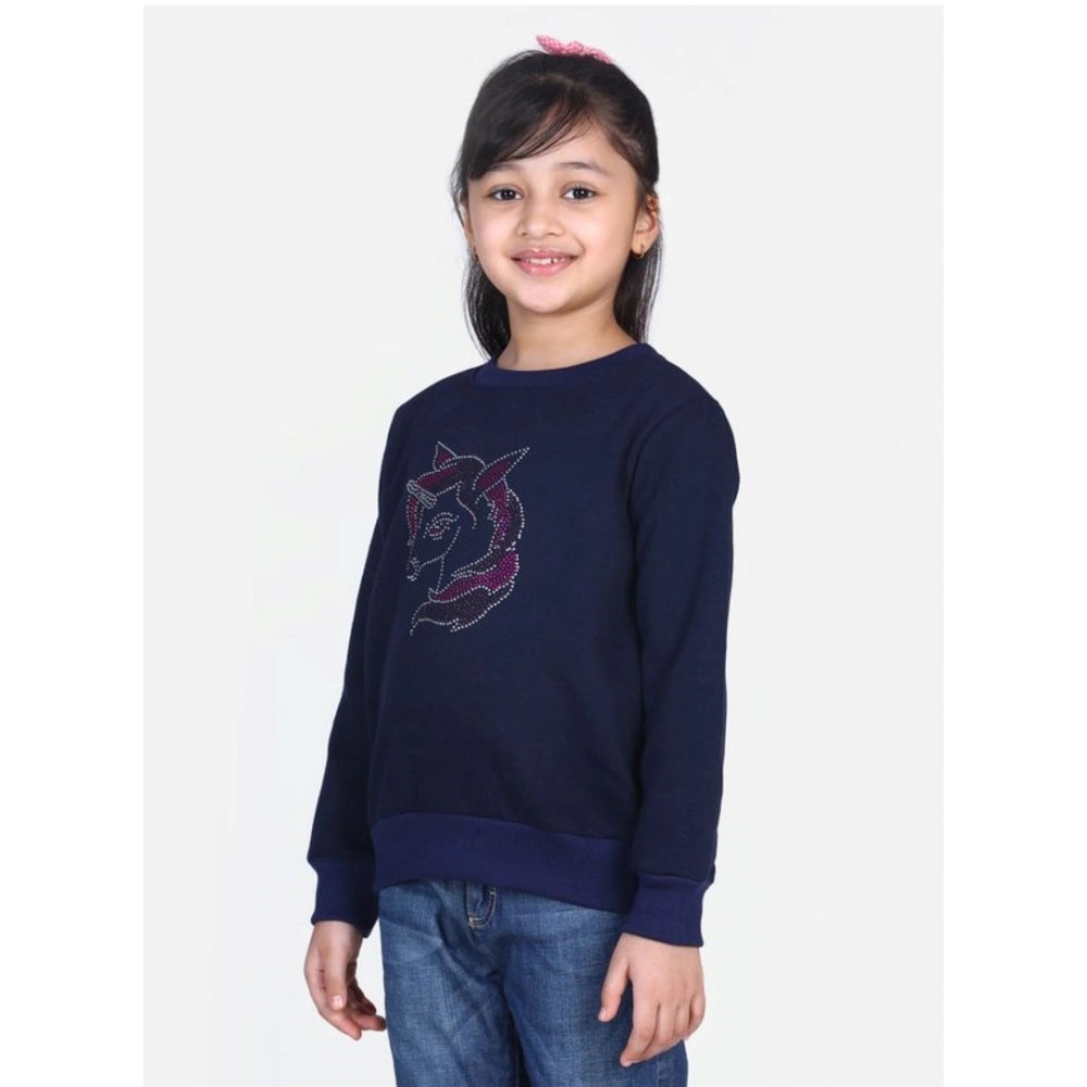 Girl's Fleece Embellished Long Sleeves Sweatshirt — Navy Blue