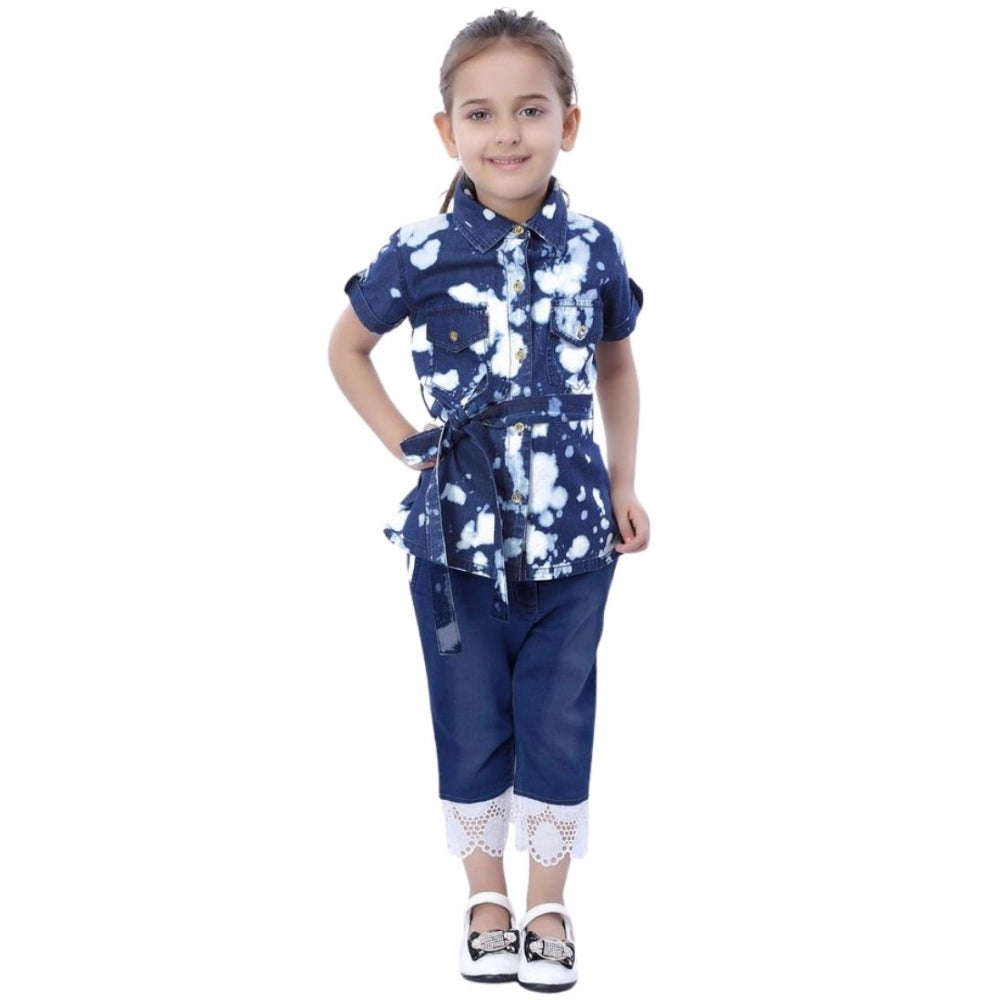 Girl's Denim Tie & Dye Short Sleeve Top — Blue-White