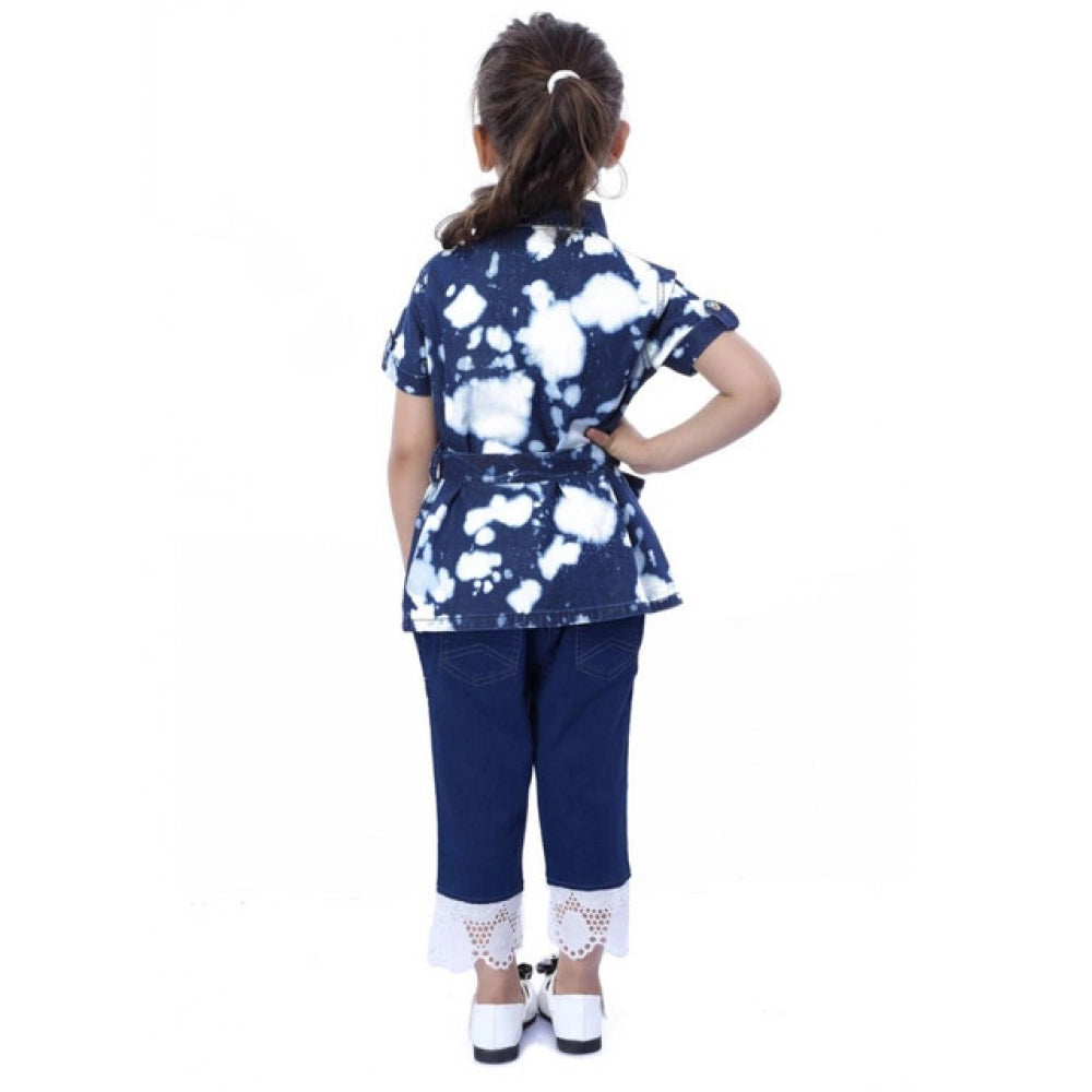 Girl's Denim Tie & Dye Short Sleeve Top — Blue-White