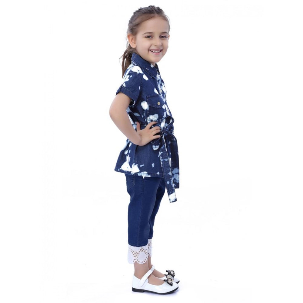 Girl's Denim Tie & Dye Short Sleeve Top — Blue-White