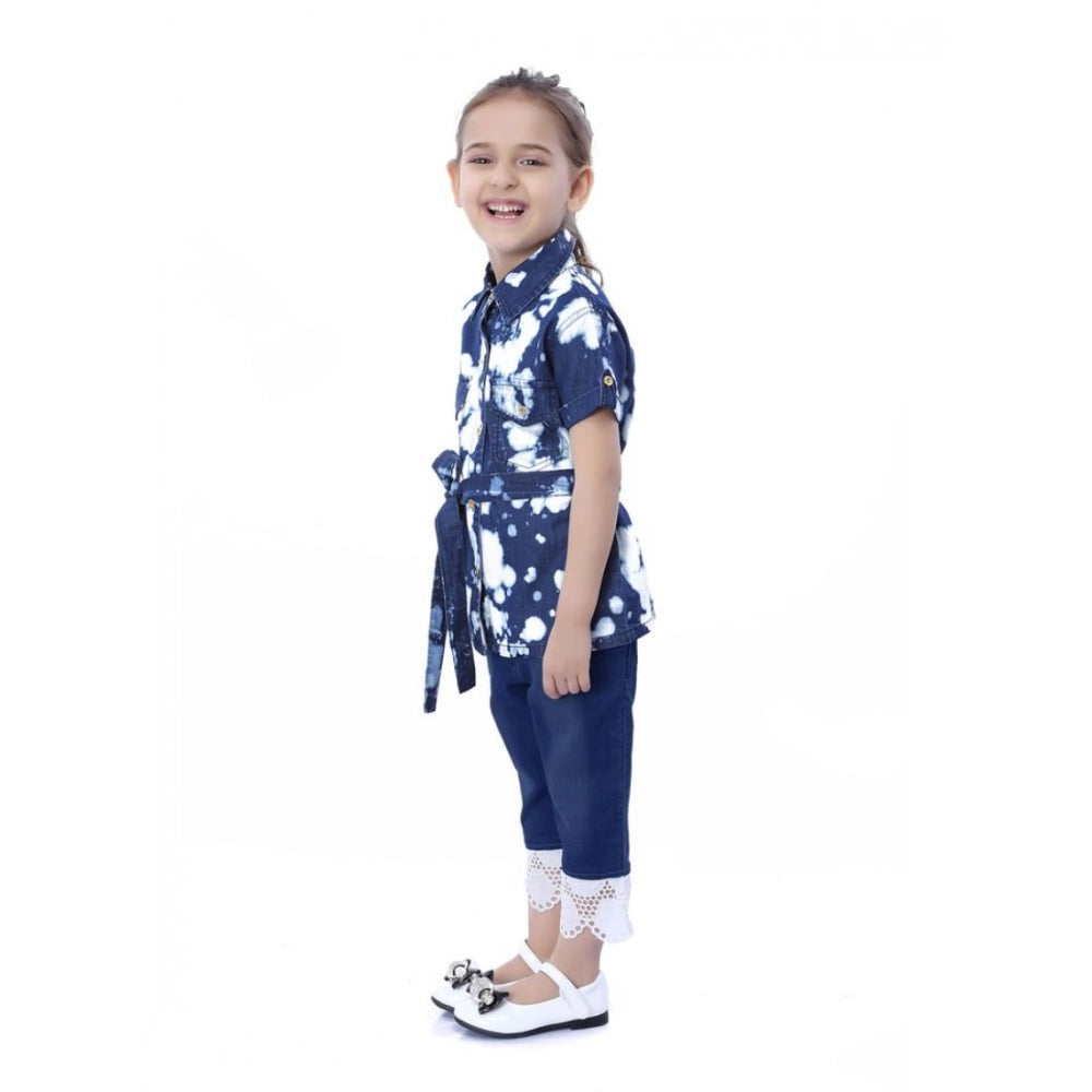 Girl's Denim Tie & Dye Short Sleeve Top — Blue-White