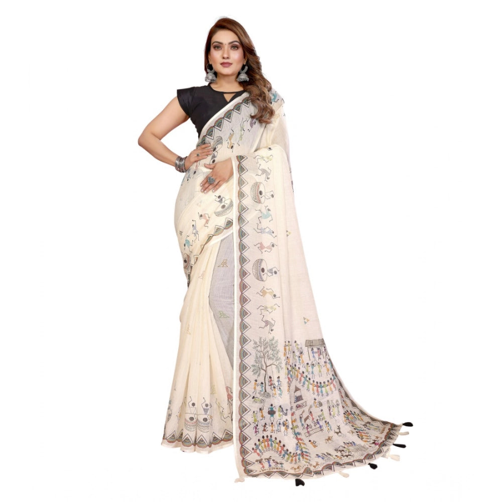 Women's Linen Cotton Printed Saree — Off White · 1919