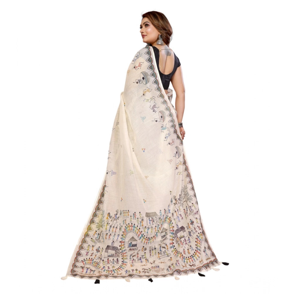 Women's Linen Cotton Printed Saree — Off White · 1919