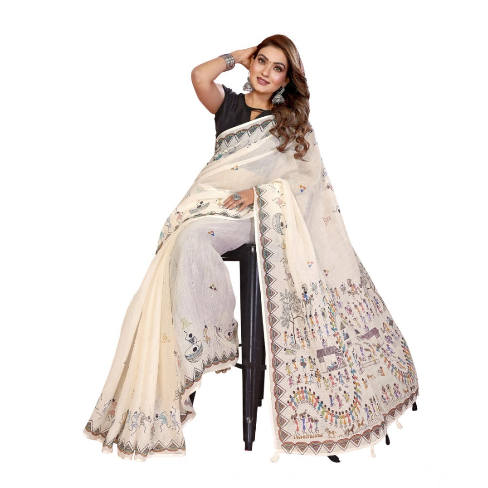 Women's Linen Cotton Printed Saree — Off White · 1919