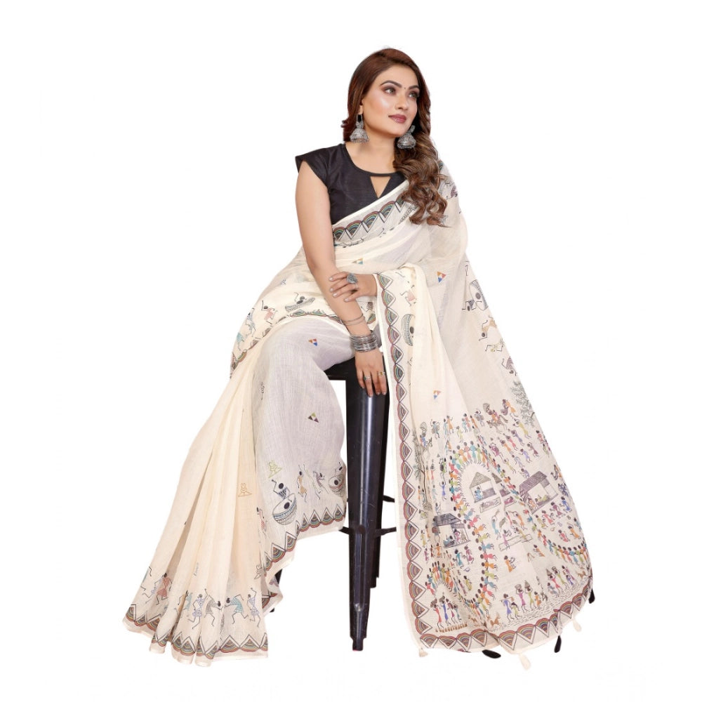 Women's Linen Cotton Printed Saree — Off White · 1919