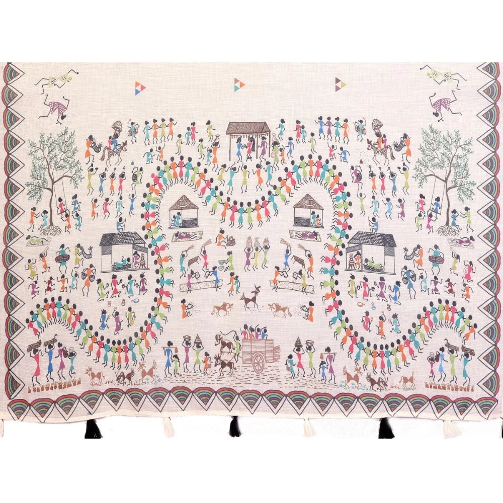Women's Linen Cotton Printed Saree — Off White · 1919