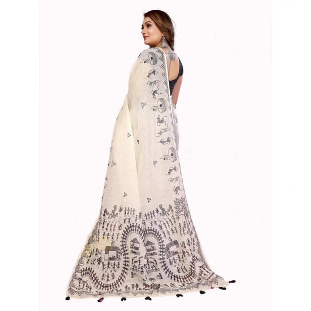 Women's Linen Cotton Printed Saree — Off White · 1920