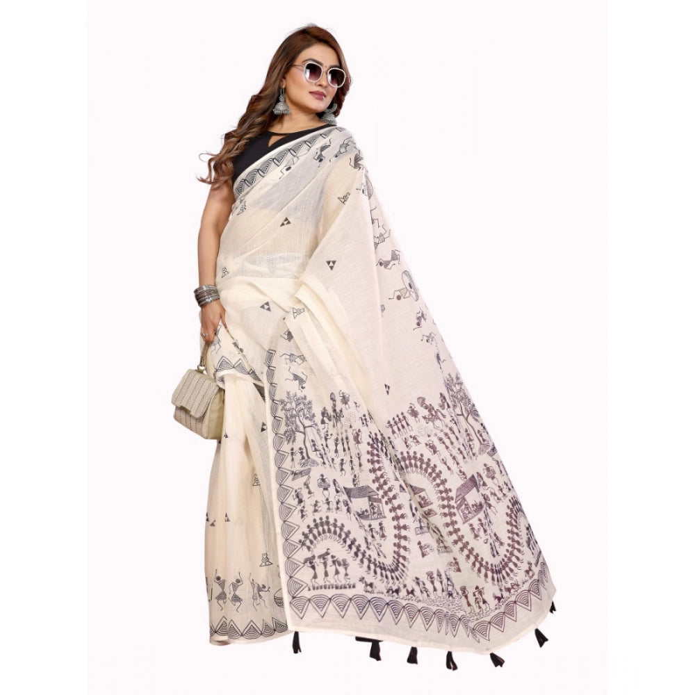 Women's Linen Cotton Printed Saree — Off White · 1920