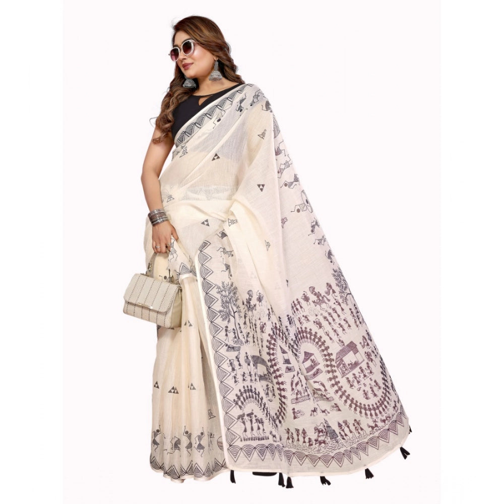 Women's Linen Cotton Printed Saree — Off White · 1920