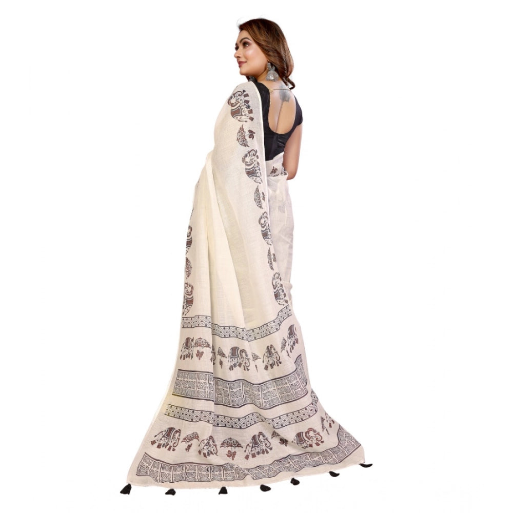 Women's Linen Cotton Printed Saree — Off White · 1921