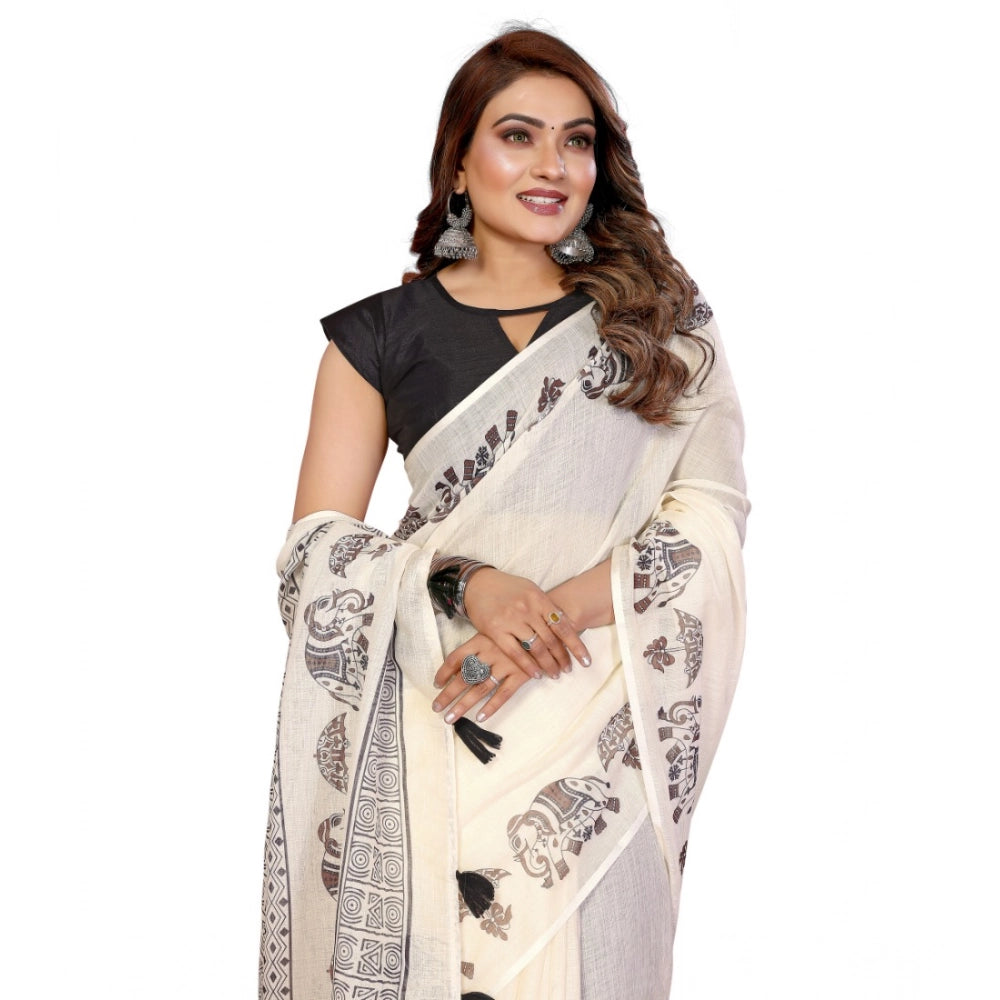 Women's Linen Cotton Printed Saree — Off White · 1921