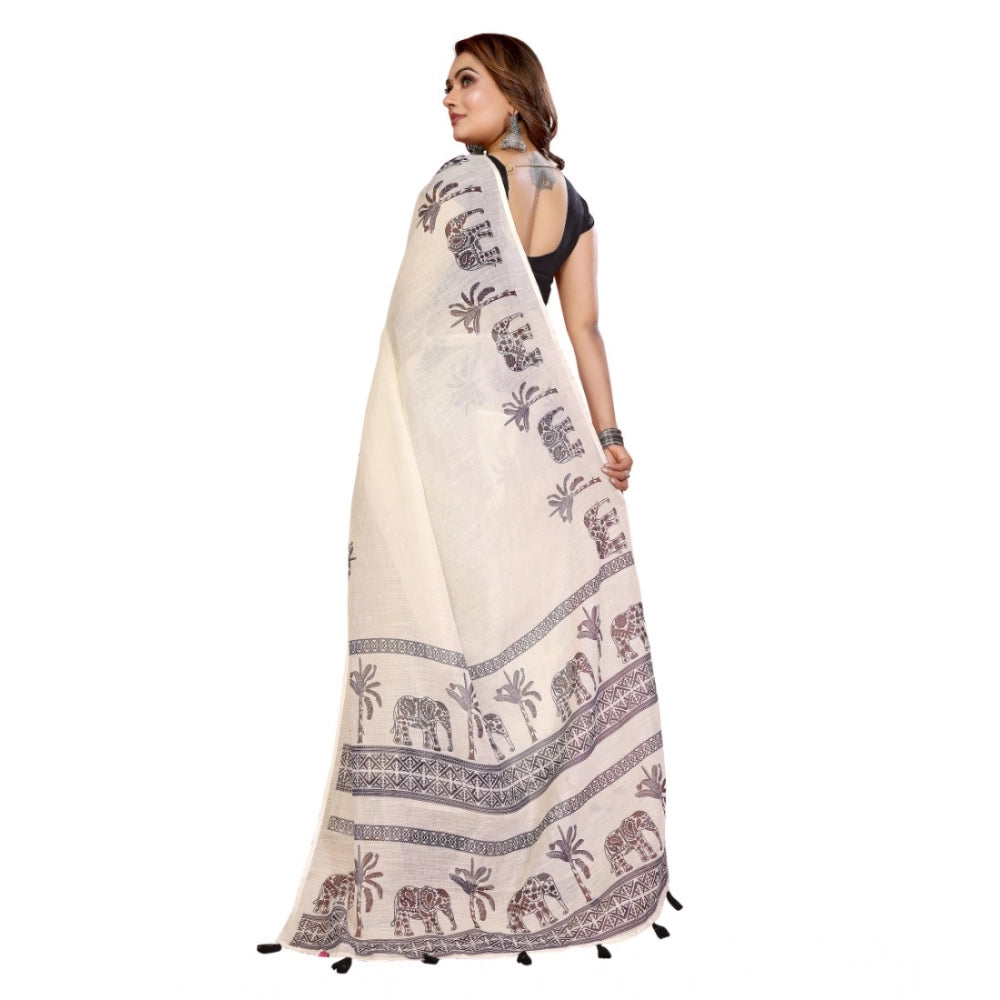 Women's Linen Cotton Printed Saree — Off White · 1922