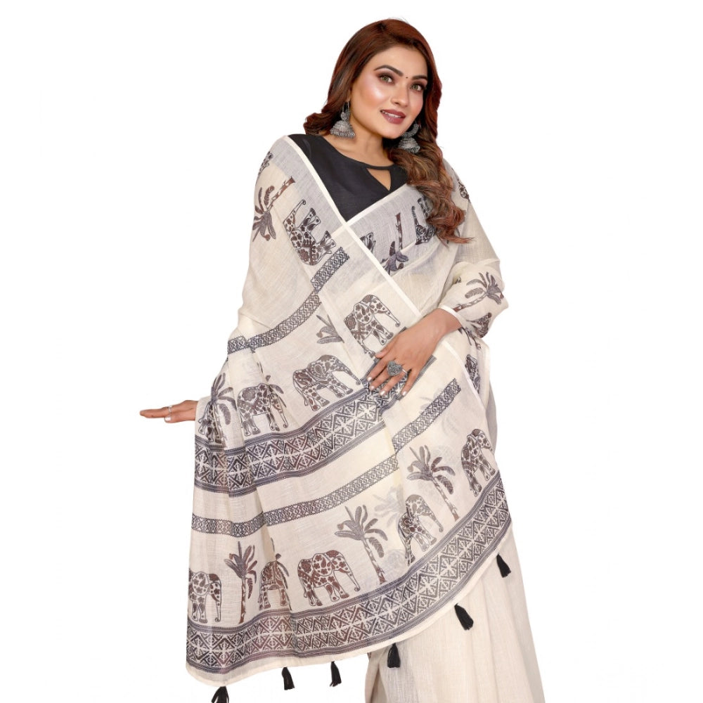 Women's Linen Cotton Printed Saree — Off White · 1922