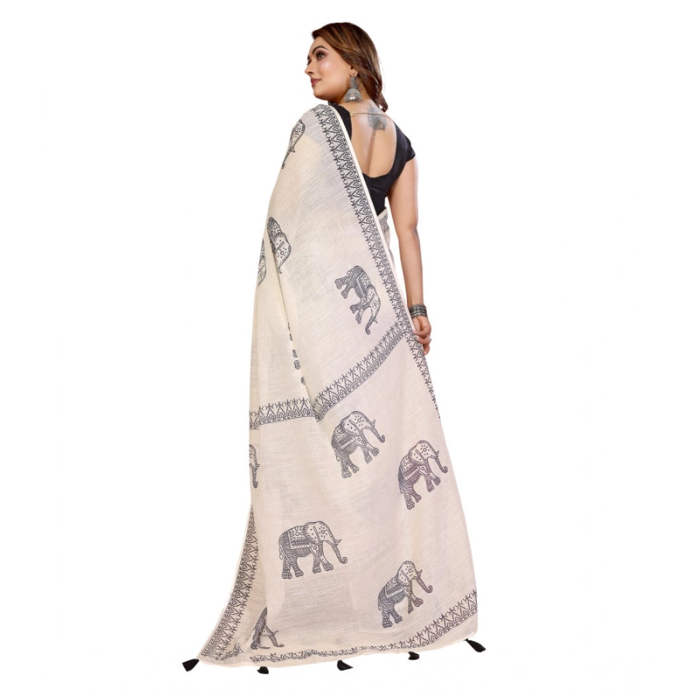 Women's Linen Cotton Printed Saree — Off White · 1923
