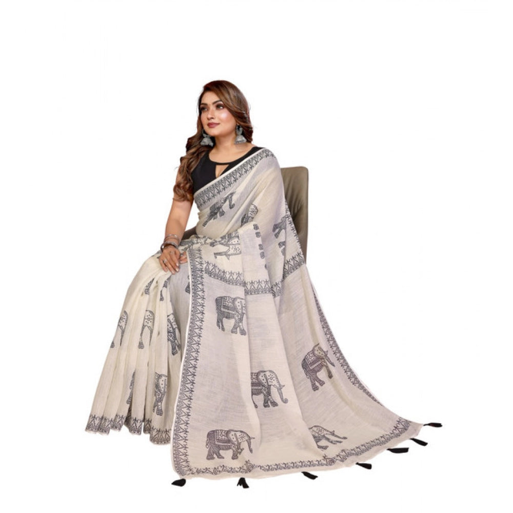 Women's Linen Cotton Printed Saree — Off White · 1923