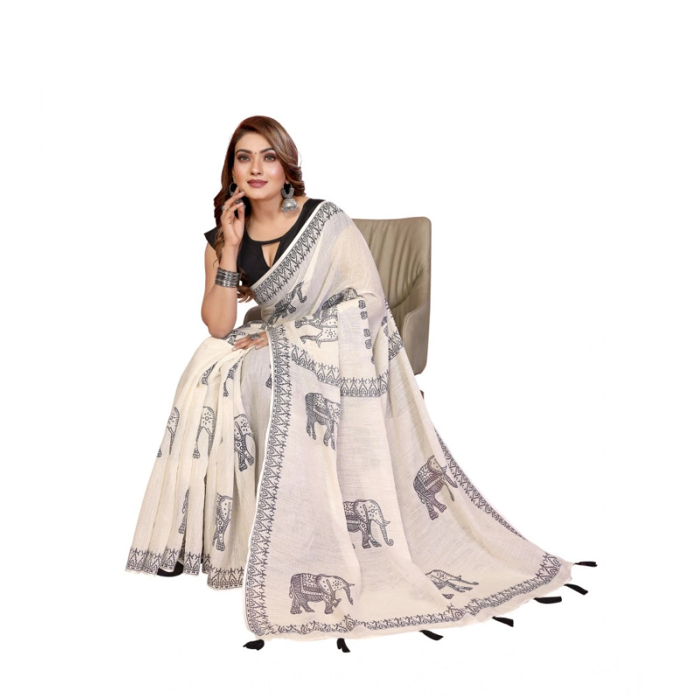 Women's Linen Cotton Printed Saree — Off White · 1923