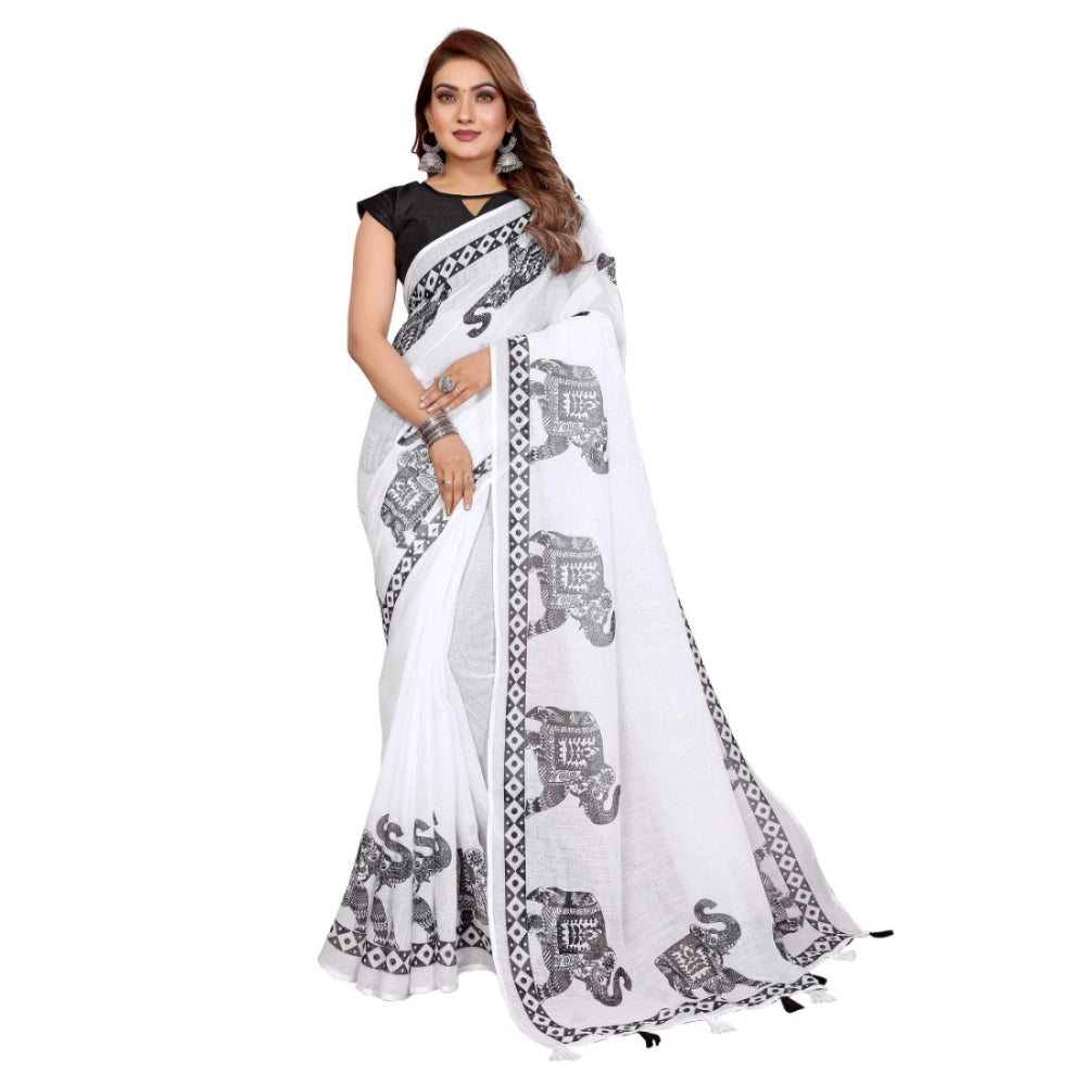 Women's Linen Cotton Printed Saree — White · 1925
