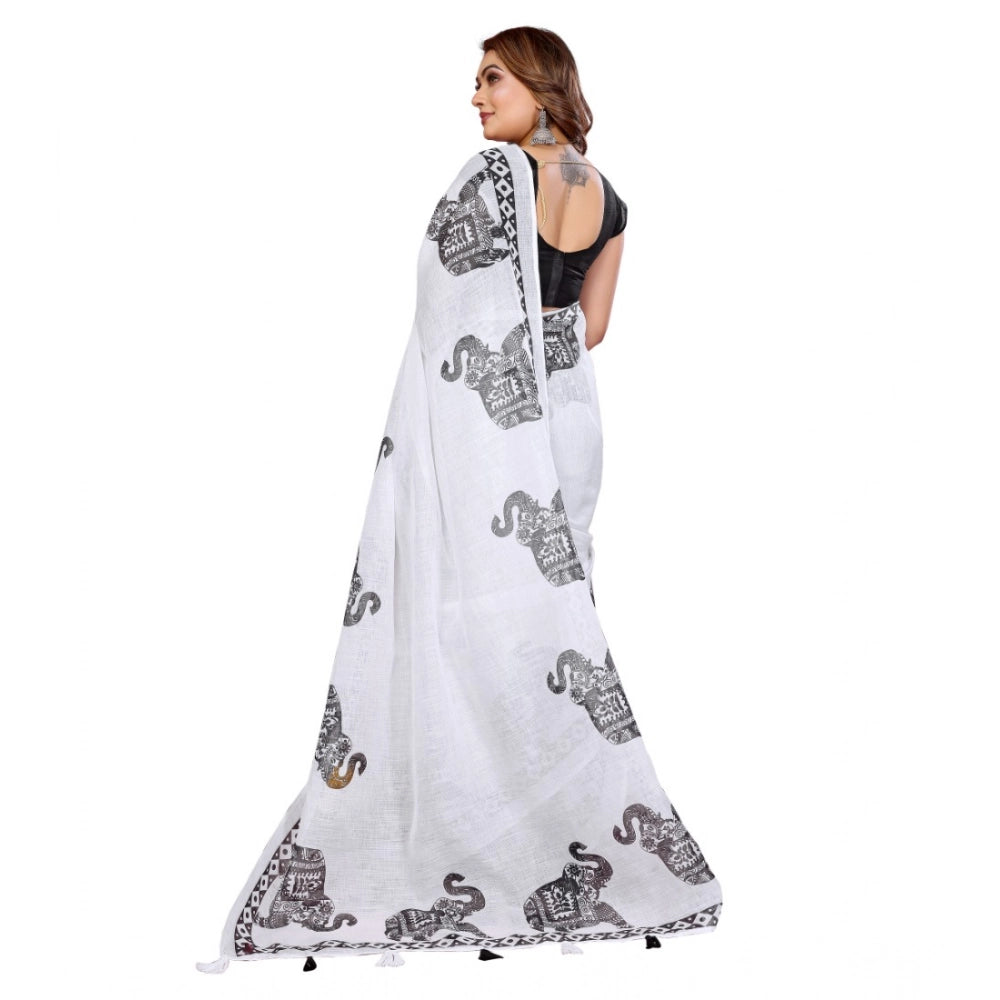 Women's Linen Cotton Printed Saree — White · 1925